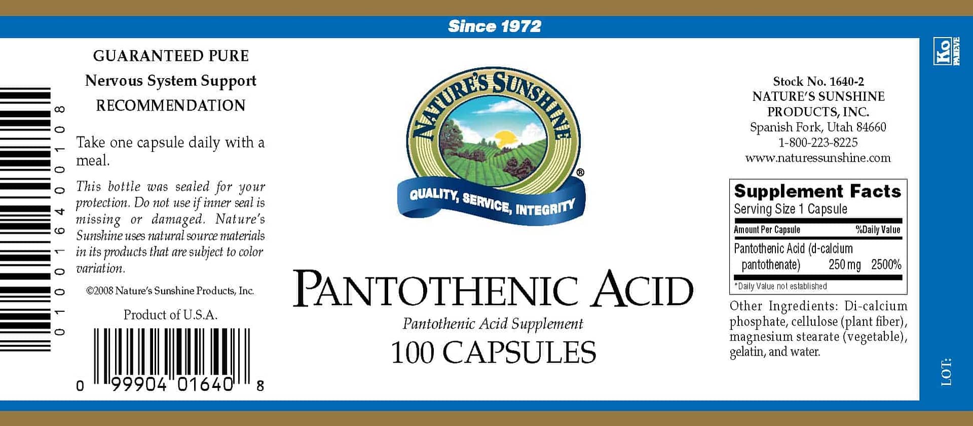 Pantothenic Acid - 250 mg.